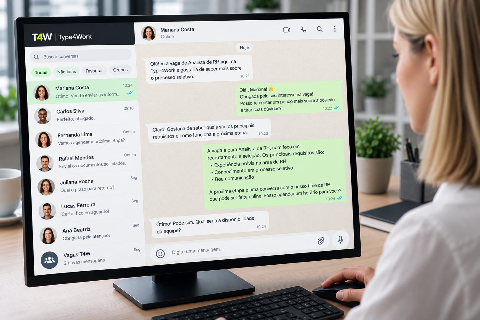 Recrutadora acompanha no computador uma conversa pelo WhatsApp com uma candidata sobre os requisitos da vaga e a próxima etapa
