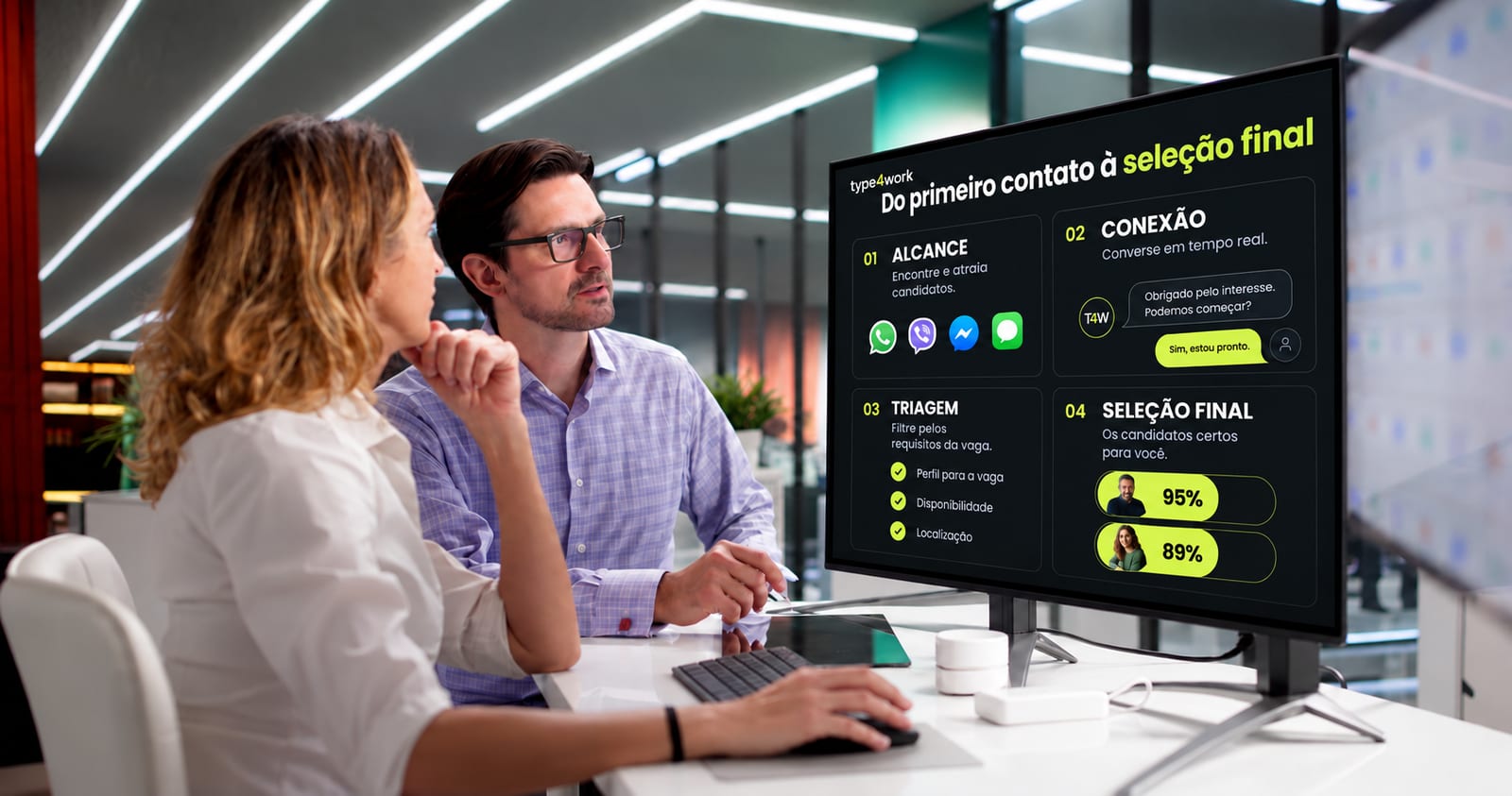 Duas pessoas de RH analisam no monitor a jornada da Type4Work: alcance, conexão, triagem e seleção final dos candidatos